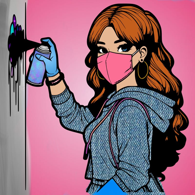 realistic girl with mask spray painting a wall