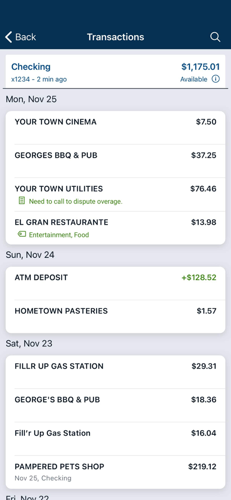 Tinker FCU mobile app screen displaying a list of recent transactions with notes and category tags