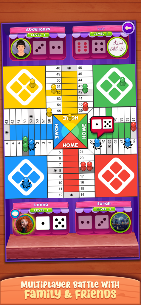 Parchisi: Fun Online Dice Game - Parchisi online board game interface showing four players in a multiplayer match.