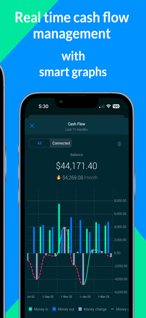 Schermata dell'app Fiskl che mostra la gestione del flusso di cassa con grafici intelligenti.