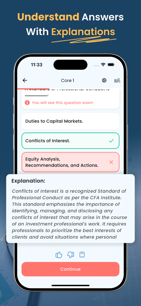 CFA Level 1 Exam Prep 2026 - CFA Level 1 practice test question showing a correct answer and a detailed explanation box.