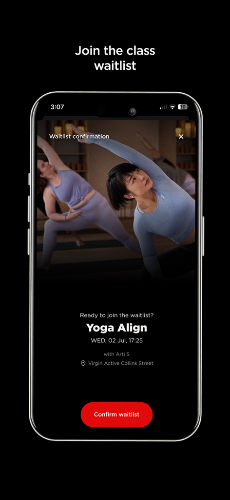 Virgin Active Australia - Tela do aplicativo Virgin Active para entrar na lista de espera de uma aula de yoga