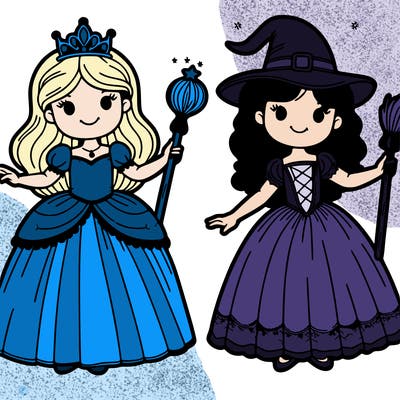 princess with wand and witch with broom