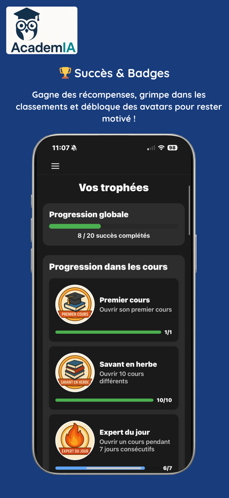 academia (8eb885) - Academia app achievements screen showing earned rewards and student progress tracking.