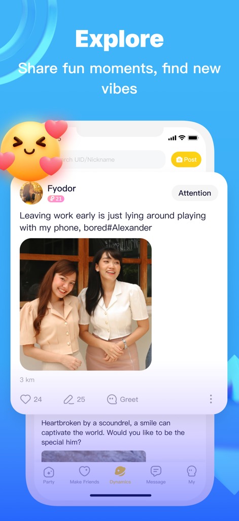 A mobile app screen showing a user post with a photo of friends in the dynamics section of Chati