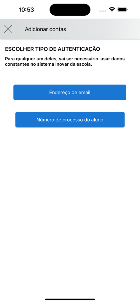 Tela de login do Inovar Sige para selecionar o tipo de autenticação por e-mail ou número de identificação do aluno