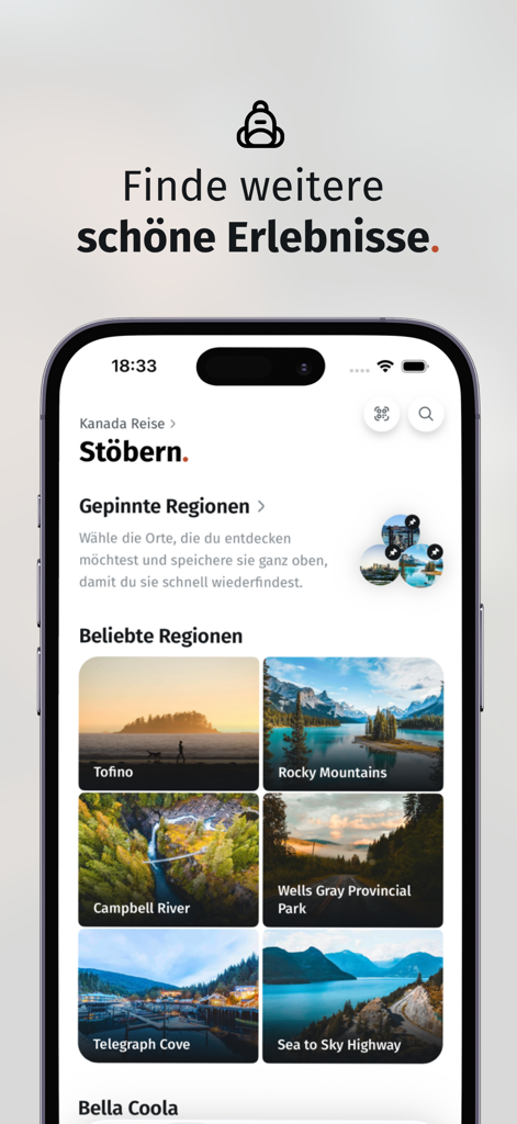 Wildful Stories: Roadtrip App - Captura de pantalla de la aplicación Wildful Stories que muestra regiones populares de roadtrip en Canadá como Tofino y las Montañas Rocosas