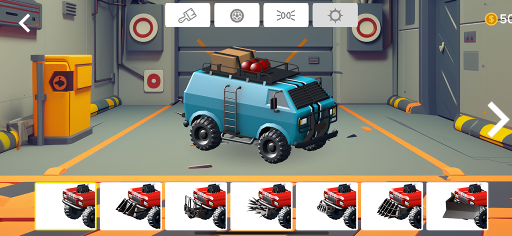 In-game garage screen showing a blue off-road van with various customization options for parts and accessories