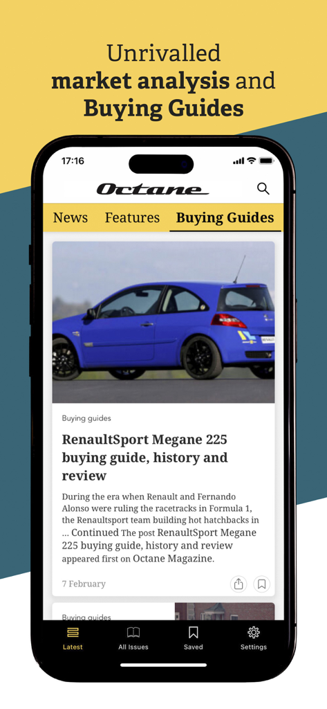 A smartphone screen displaying the Octane Magazine app featuring market analysis and classic car buying guides.