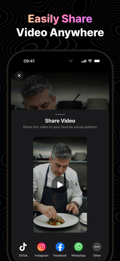 VidLoop: AI Video Generator - VidLoop App-Oberfläche, die Optionen zum Teilen eines KI-generierten Videos eines Kochs auf TikTok, Instagram und Facebook anzeigt