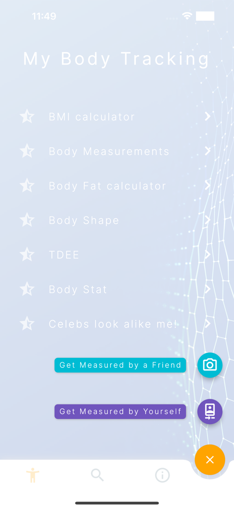 Abody.ai - Abody.ai app interface showing the My Body Tracking menu with health calculators and measurement buttons.