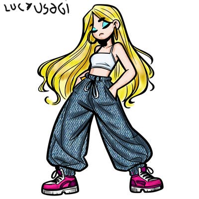 girl in baggy pants crop top and long hair