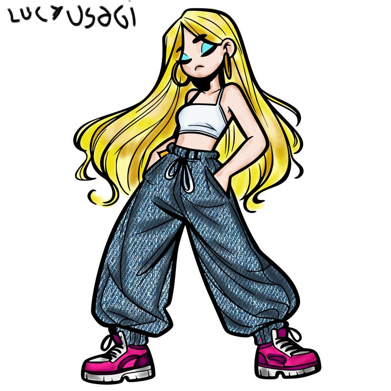 girl in baggy pants crop top and long hair