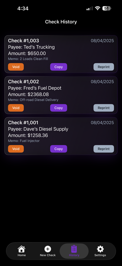 Check Generator - A screen showing a list of past checks with payee names and payment amounts.
