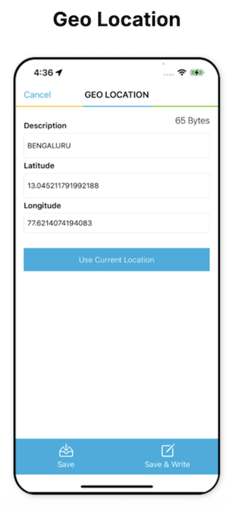 Interface of NFC TagWriter by NXP showing geo location configuration for an NFC tag