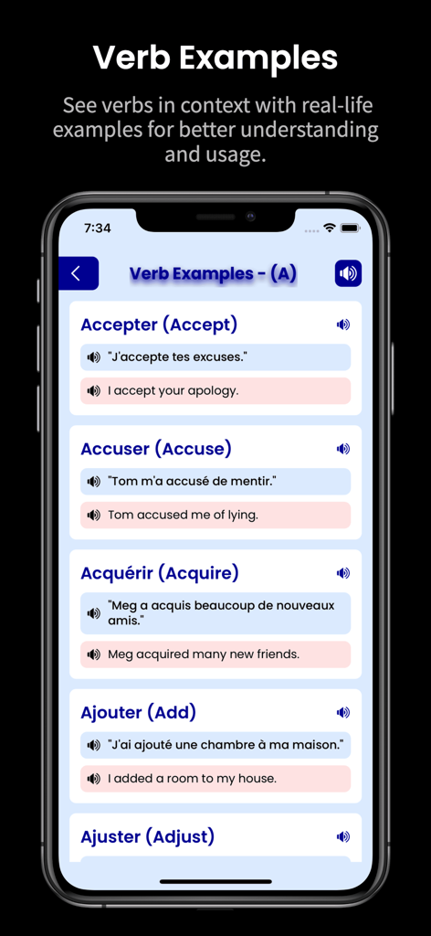 Ein Bildschirm einer mobilen App, der französische Verben mit Beispielsätzen und englischen Übersetzungen zur besseren Verständigung und Nutzung anzeigt