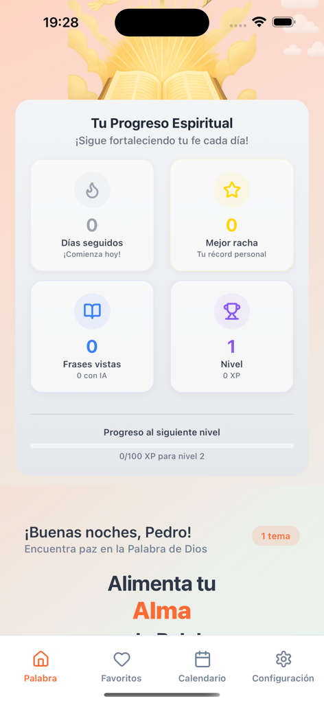 Versículos Diarios Cristianos - Pantalla de progreso espiritual de la aplicacion que muestra rachas diarias frases vistas y niveles de experiencia