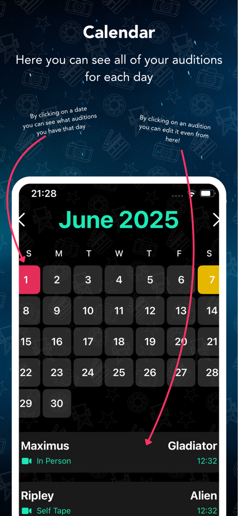 Audition Tracker - Audition Tracker app calendar interface displaying scheduled auditions and project details for actors.