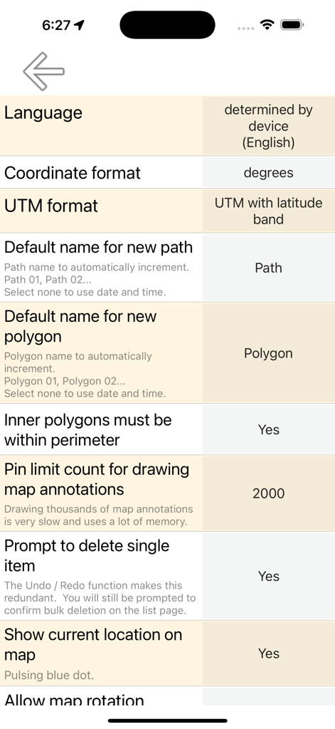 Distance and Area Measure - Settings menu of the Distance and Area Measure app showing coordinate and polygon configuration options.