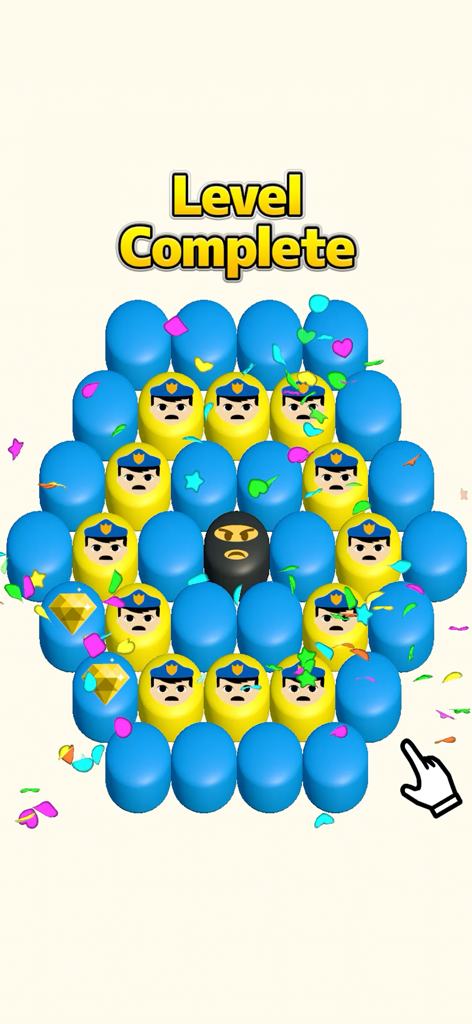 Protect It: Surround the Thief - Level complete screen showing police characters surrounding a thief in a grid puzzle