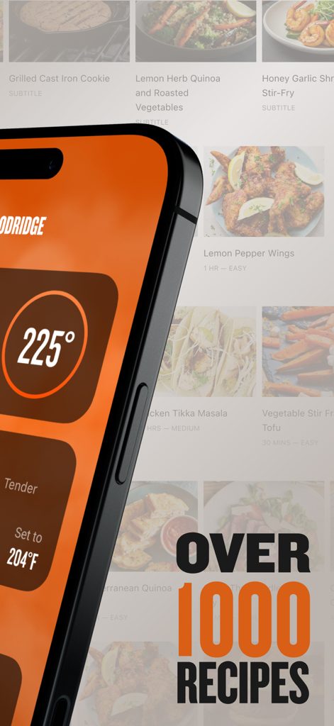 Traeger - Traeger app showing 225 degree grill temperature and over 1000 recipes on a smartphone screen