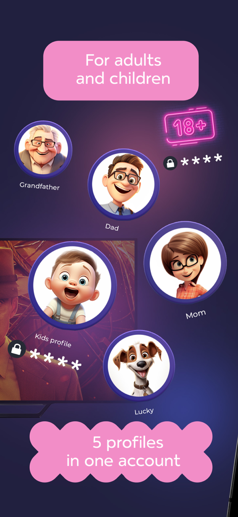 Kyivstar TV app interface showing 5 user profiles including family members and a pet for one account.