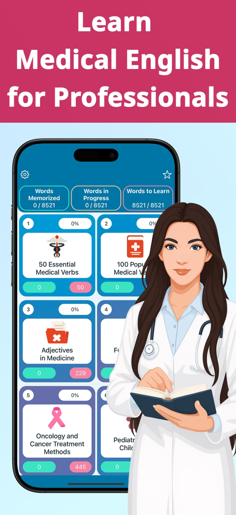 Medical English: Learn Words - Interface de l'application d'apprentissage de l'anglais médical montrant des catégories de vocabulaire pour les professionnels de la santé.