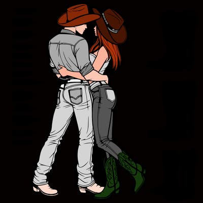 cowboy and his girlfriend in cowboy boots, boot cut jeans, cowboy hat hugging realistic