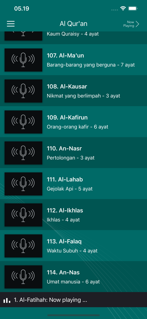 Wazma - Al Quran Murottal - List of Quran surahs with Indonesian translation and audio icons in the Wazma app interface