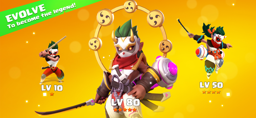 Valor Legends: Idle RPG - ヴァラーレジェンズのヒーローキャラクターをレベル10、50、80で表示し、視覚的な進化と成長を示す