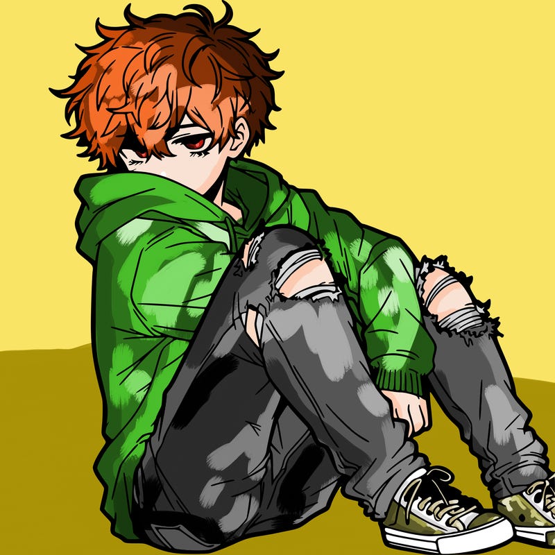 a male hoddie ripped jeans messy hair anime