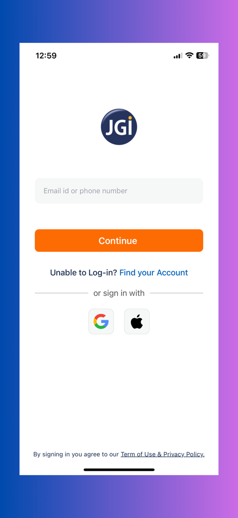 JGI - SCHOOLS - The login screen of the JGI Schools app with an email input field and options to sign in with Google or Apple.