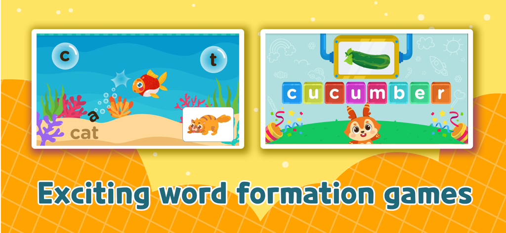 Preschool word formation game screens for learning vocabulary like cat and cucumber