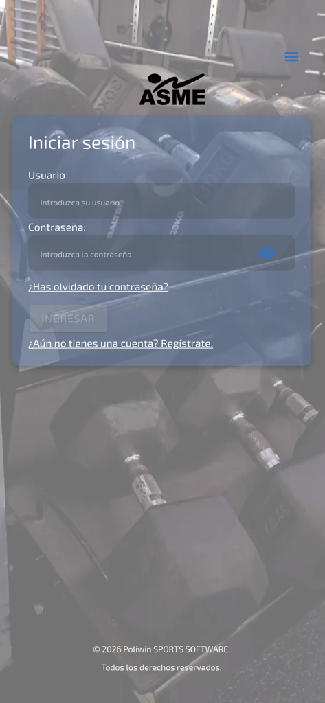 ASME - Pantalla de inicio de sesión de la aplicación deportiva ASME que muestra los campos de nombre de usuario y contraseña sobre un fondo de gimnasio difuminado.