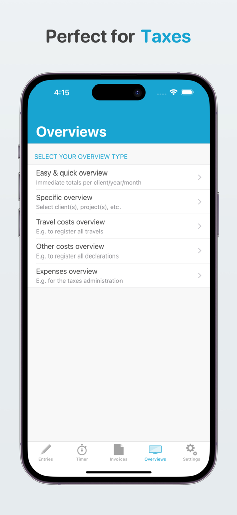 Freelance bookkeeping - Captura de pantalla de la pantalla de resúmenes de la aplicación Contabilidad freelance que muestra opciones para informes de impuestos y resúmenes de gastos.