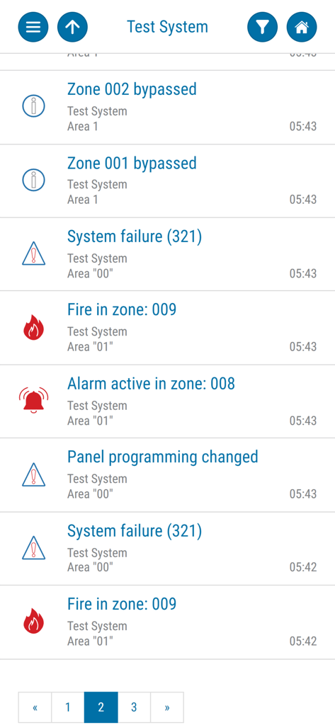 Protegus Smart Security - Screenshot of the Protegus app event history showing real-time security alerts like bypassed zones, system failures, and fire alarms.