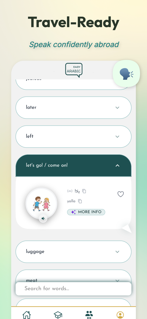 Easy Arabic - Learn & Speak - Easy Arabic app interface showing travel phrases and Arabic translations with illustrations.