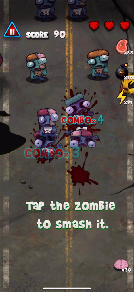 Zombie Smasher Puzzle - Gameplay screenshot of Zombie Smasher Puzzle showing cartoon zombies being smashed on a road with combo markers and game UI.
