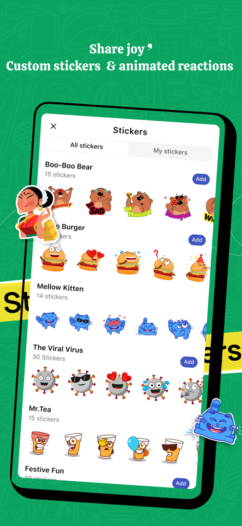 Arattai Messenger - Arattai Messenger app screen showing various custom sticker packs and animated reactions for chat.