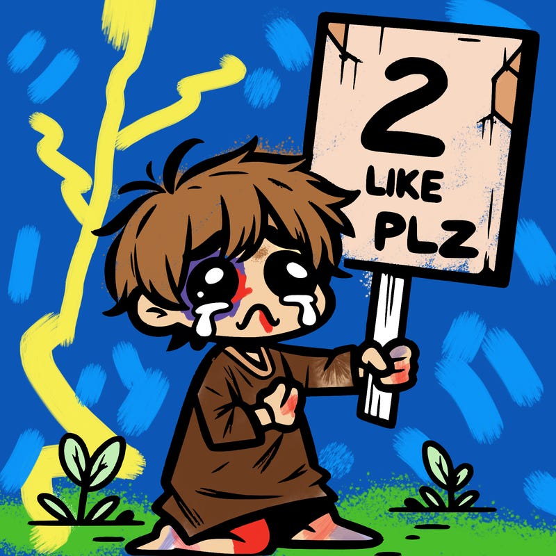 small poor toddler crying with sign that says 2 like plz