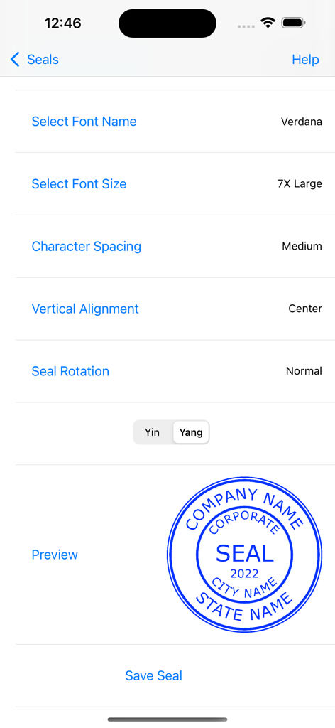 Uma interface de editor de carimbo digital com configurações de fonte e uma pré-visualização de um carimbo corporativo azul
