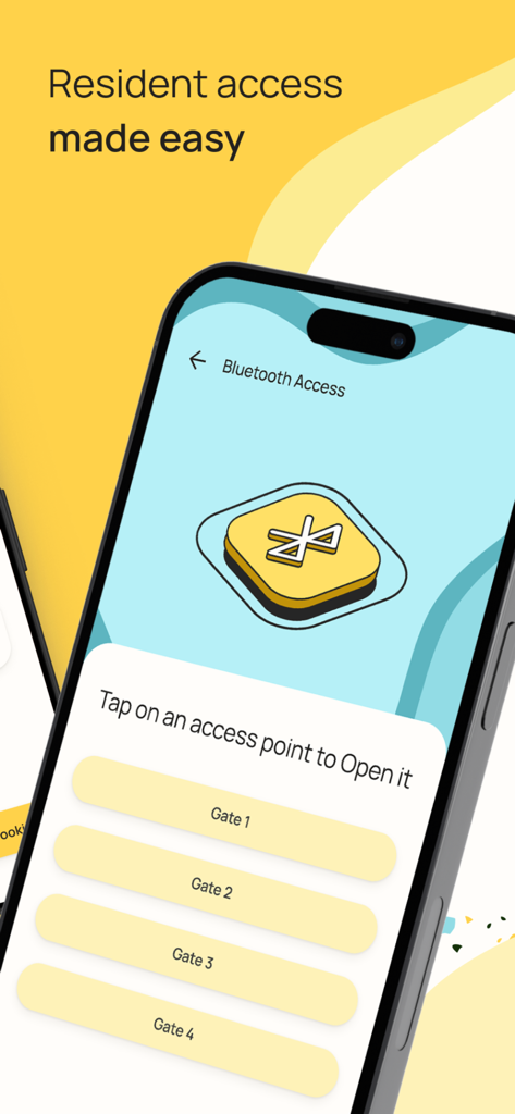 My Estate Life - My Estate Life app interface showing the Bluetooth access screen with options to open resident gates