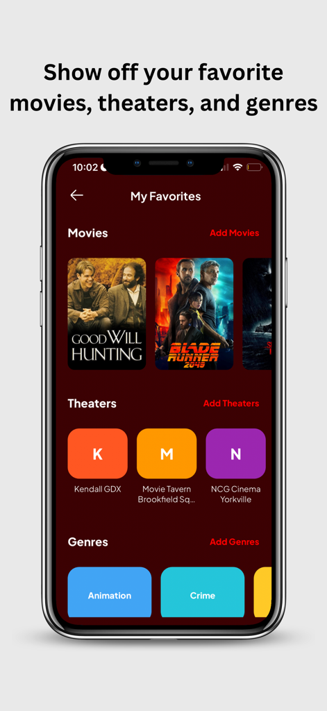 Blast Movie App - Un écran d'application mobile montrant les films, cinémas et genres préférés d'un utilisateur.