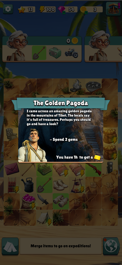 Tomb Trek Match & Merge - Gameplay screenshot of Tomb Trek Match and Merge showing a quest pop-up for the Golden Pagoda over a merge board with adventure themed items