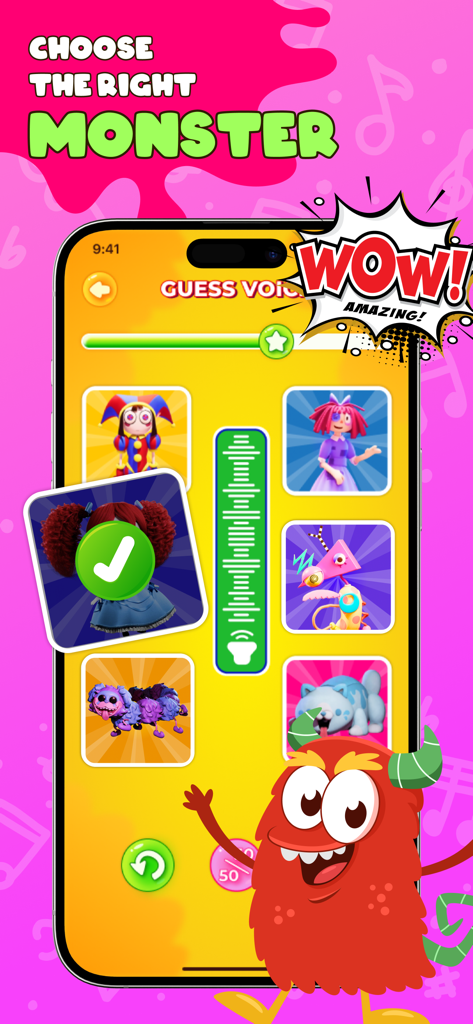 Interfaccia di gioco mobile di Guess Sound Monster Voice che mostra la selezione del personaggio e una risposta corretta