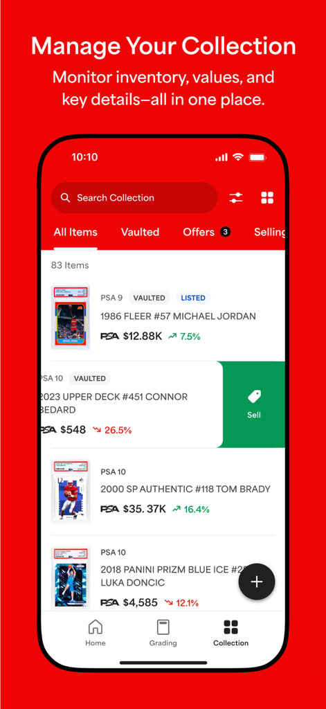 Interface of the PSA app showing a digital card inventory with real time market values and grading information for sports cards