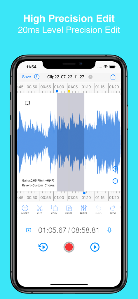 EZAudioCut mobile app interface showing high precision waveform editing with tools for cutting and filtering audio.