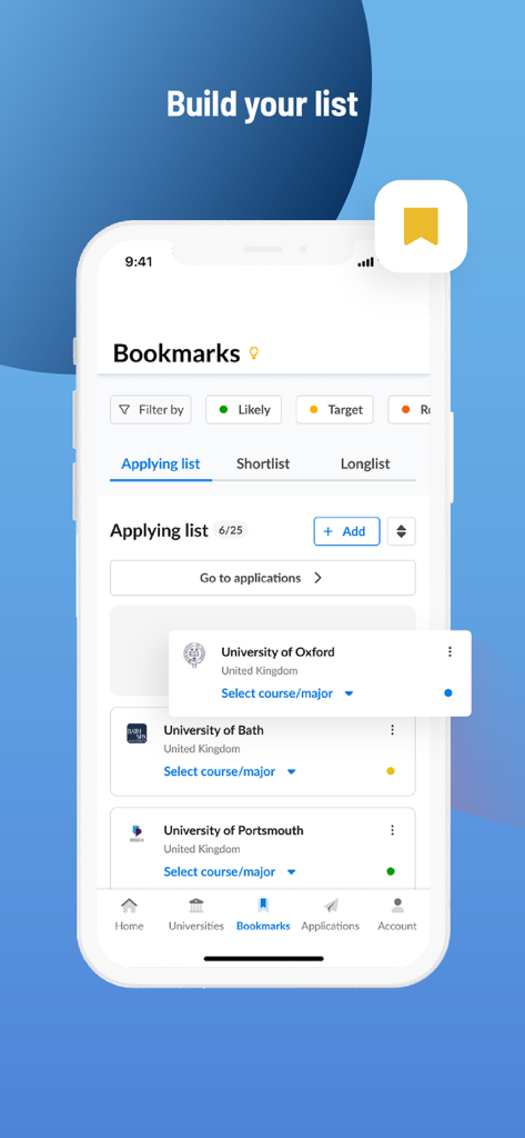 Cialfo - Écran de l'application mobile Cialfo affichant une liste personnalisée d'universités mises en favoris pour le suivi des candidatures.