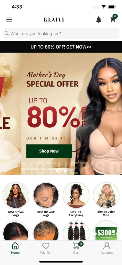 Klaiyi - Klaiyi Hair shopping app home screen displaying a Mothers Day special offer banner with eighty percent off and various wig categories like HD lace and blonde wigs