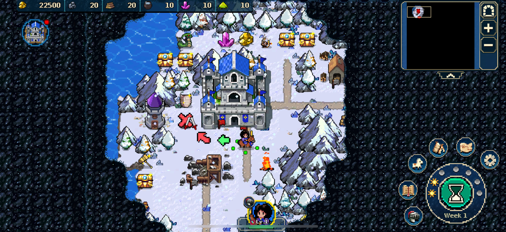 Empires Game - Exploración de mapa de estrategia pixel art mostrando un héroe cerca de un castillo en un paisaje nevado.